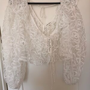 For Love & Lemons White Lace Tie-Front Puff Sleeve Crop Top